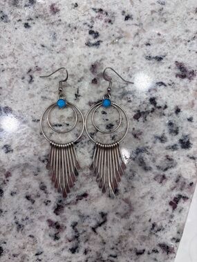 Sterling Silver Hoop Fringe Earrings with Turquoise Stone